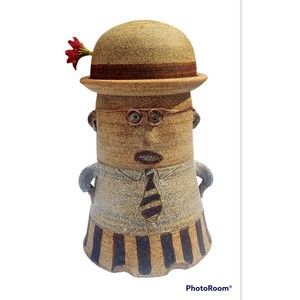 Pottery Canister with Lid Whimsical Man